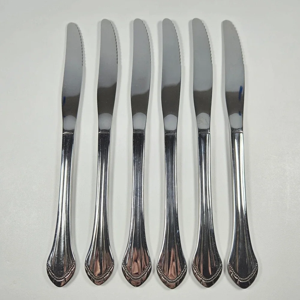 Oneida Marquette Dinner‎ Knives Flatware Stainless Beaded Fan Handle Serrated 6